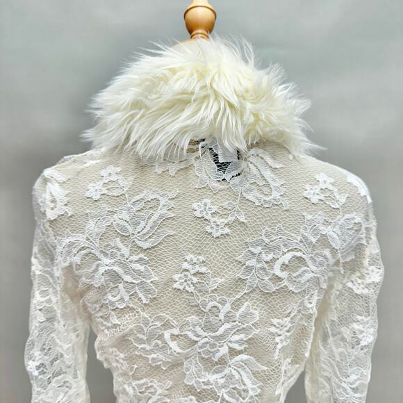 Vintage Y2k Moda International White Lace Duster Faux Fur Trim Sz XS Penny Lane - Picture 7 of 15